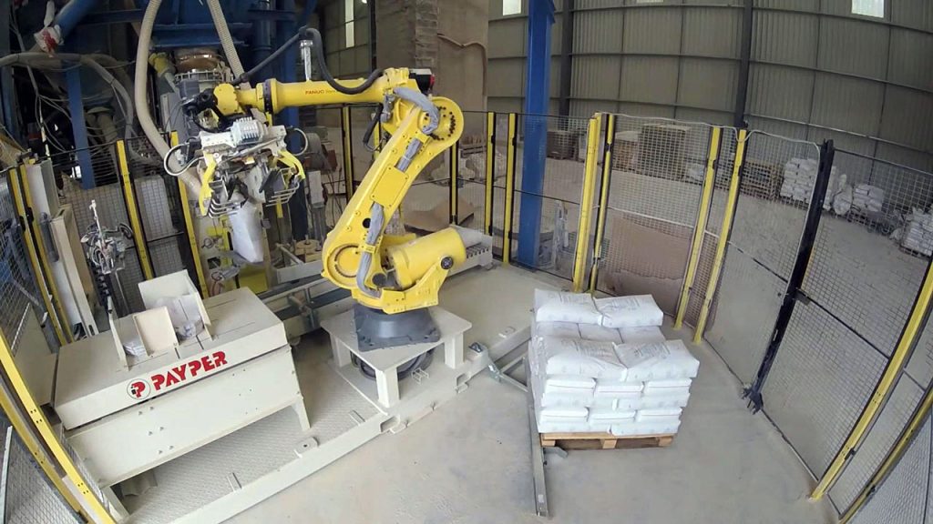 automatic bag filling and palletizing robot placing bag on fill spout