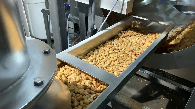 volumetric feeder doses raw cashews into enrobing drum