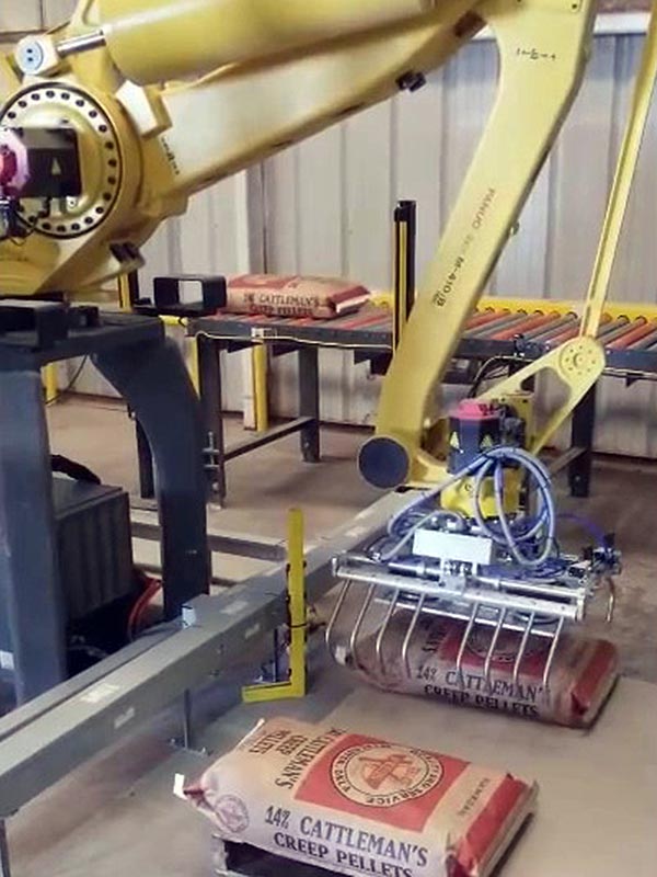 bag palletizing robot palletizes 50lb bags of creep cattle feed pellets