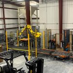 fully automatic bag palletizing system with robot pallet dispenser and stretch wrapper