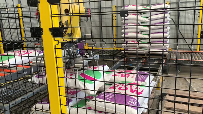 palletizing robot begins to stack bags on an empty pallet while filled pallet is conveyed to pallet wrapping station