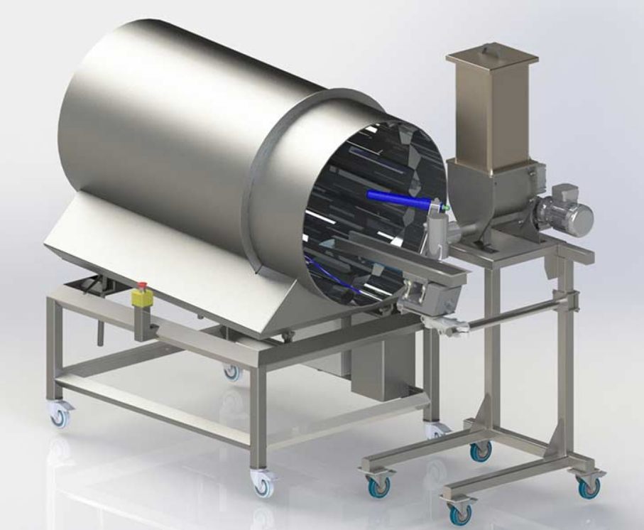 electrostatic seasoning system rotating drum, wand, and feeder