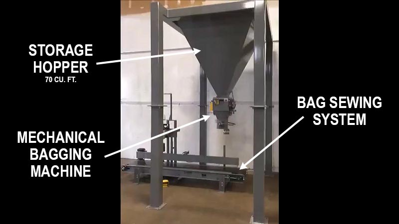 deer corn bagging system for 30 to 50 lb. bags - hopper, bagging machine, bag sewing system