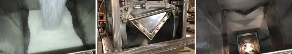 clam shell door discharging pool salt into bag below