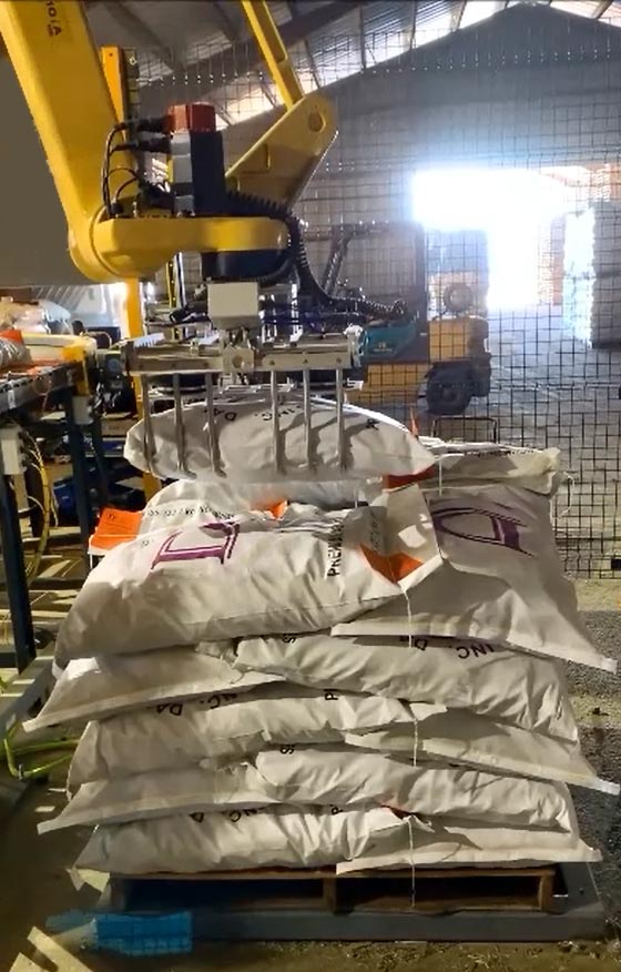 fanuc robotic palletizer stacking bags of soybeans