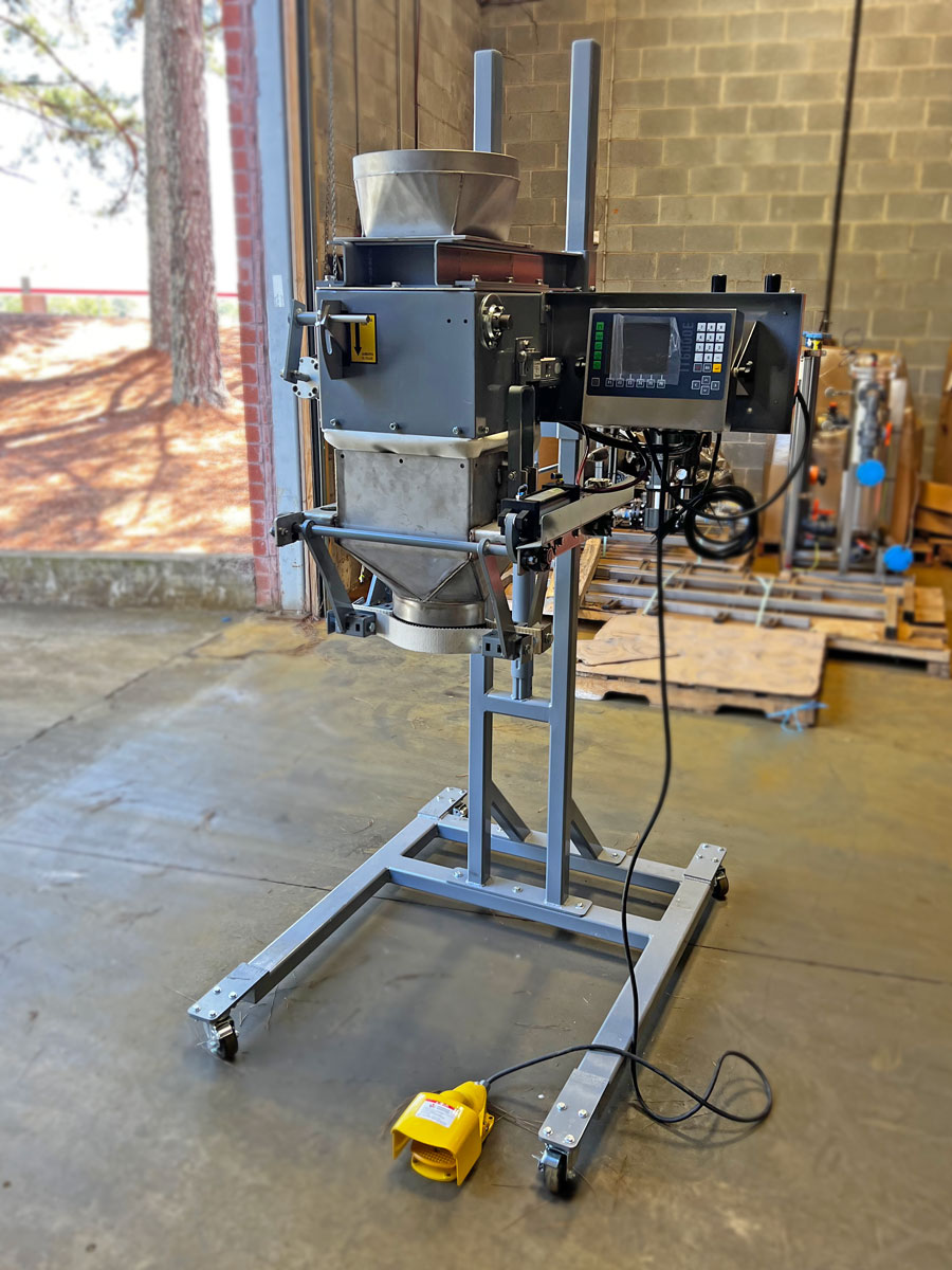 open mouth bagging machine on portable stand with casters