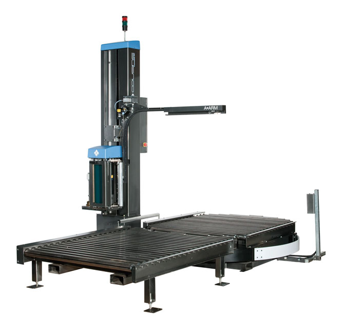 automatic stretch wrap machine turntable on roller conveyors