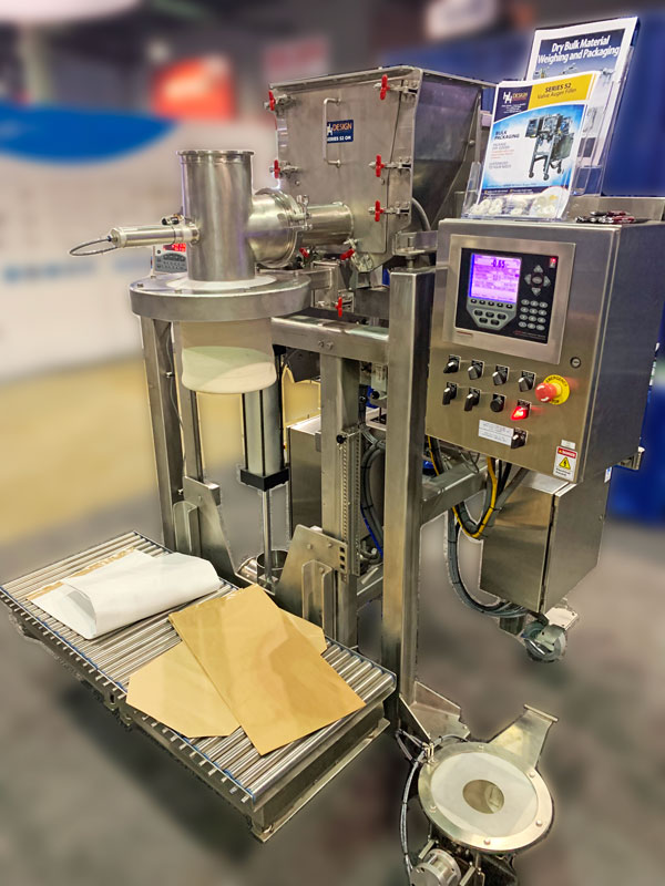 powder bag packaging machine with open mouth bag fill spout