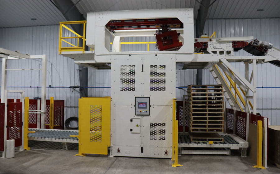 high speed gantry palletizer system with pallet dispenser and pallet wrapper