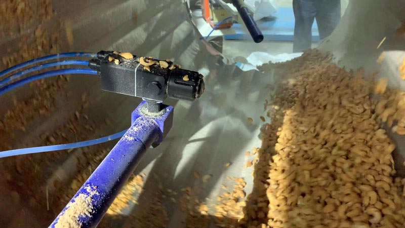 Electrostatic spray nozzle applies liquid seasoning to nuts and seeds