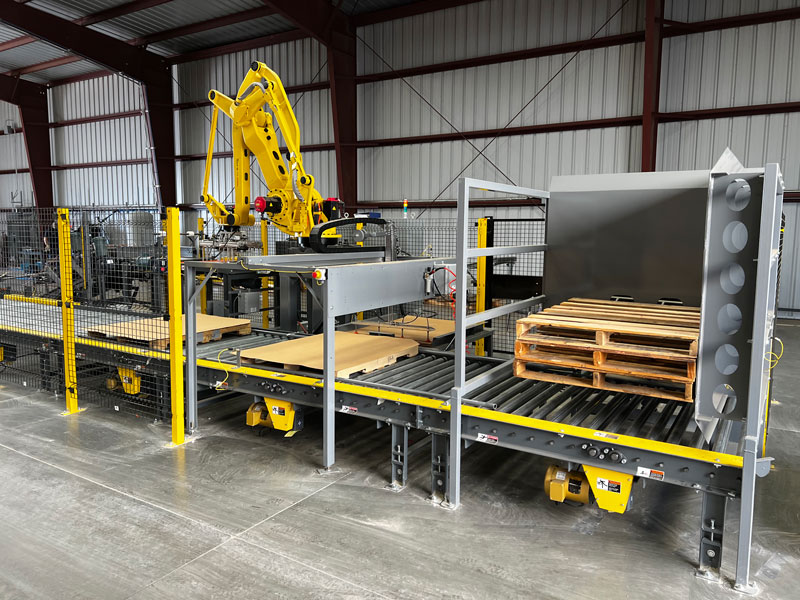 pallet dispenser slip sheet dispenser robot stack zone conveyor